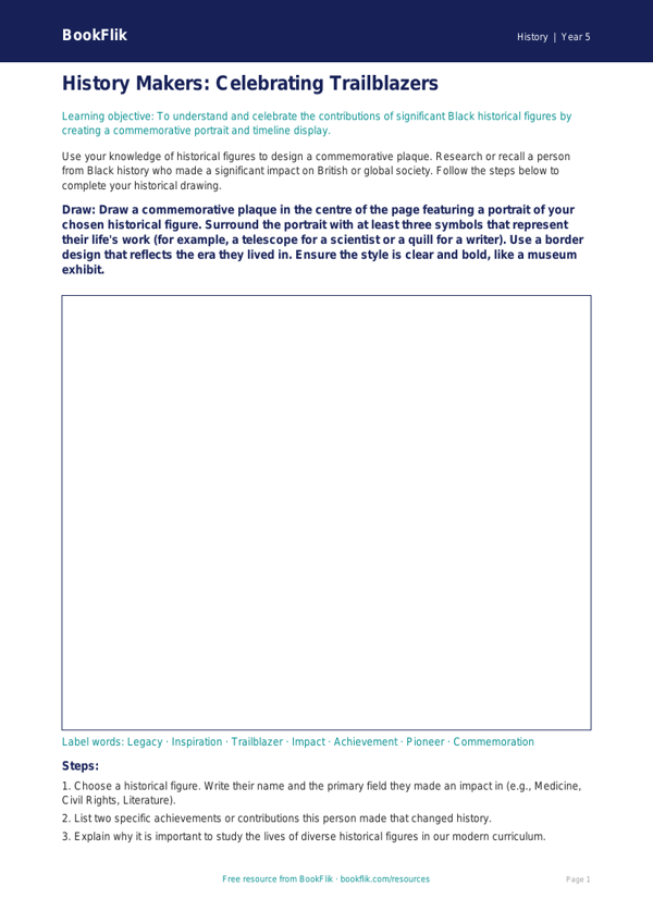 Black History Drawing Sheet | Year 5 History | BookFlik Australia worksheet preview — History Black History