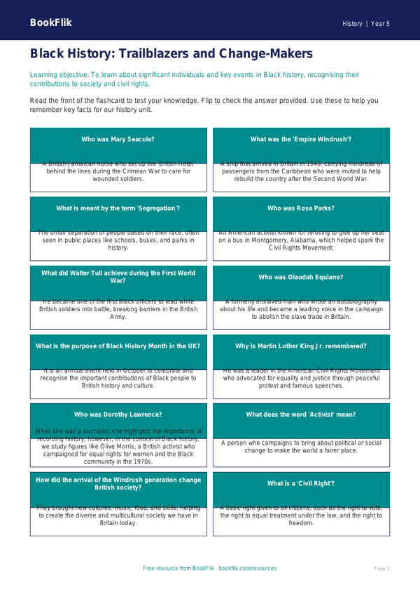 Free Black History Flashcards | Year 5 | History | BookFlik worksheet preview — History Black History