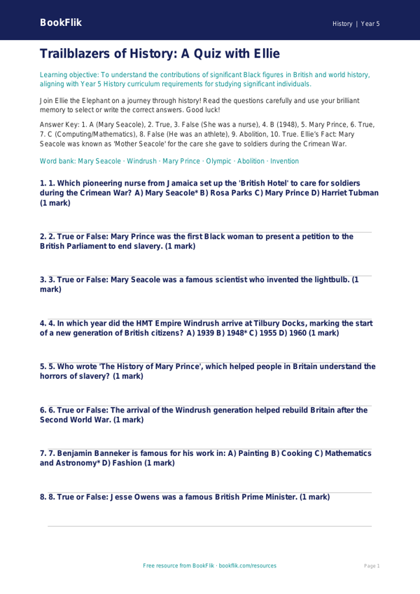 Black History Quiz for Year 5 | Australian Curriculum History worksheet preview — History Black History