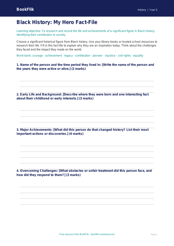 Free Black History Template | Year 5 | History | BookFlik worksheet preview — History Black History