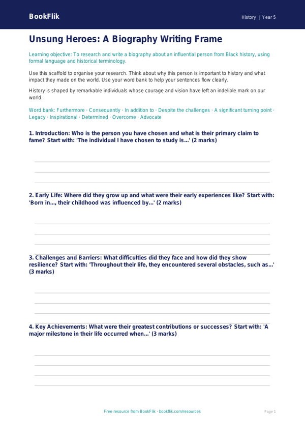 Free Black History Writing Frame | Year 5 | History | BookFlik worksheet preview — History Black History