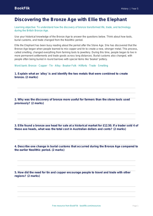 Free Bronze Age Worksheet | Year 5 | History | BookFlik worksheet preview — History Bronze Age