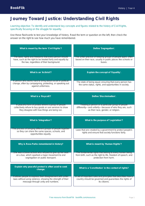 Free Civil Rights Flashcards | Year 4 | History | BookFlik worksheet preview — History Civil Rights