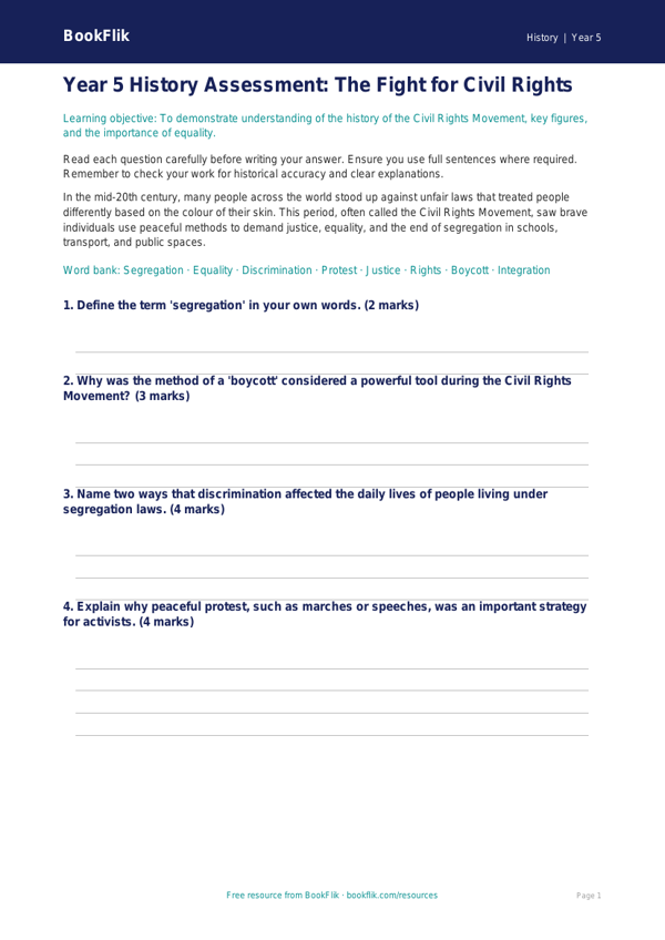 Free Civil Rights Assessment | Year 5 | History | BookFlik worksheet preview — History Civil Rights