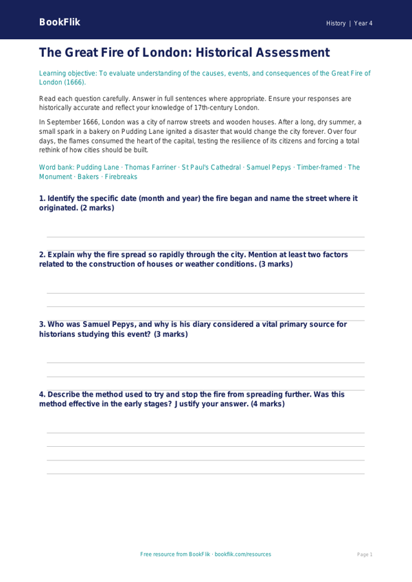 Free Great Fire of London Assessment | Year 4 | History | BookFlik worksheet preview — History Great Fire Of London