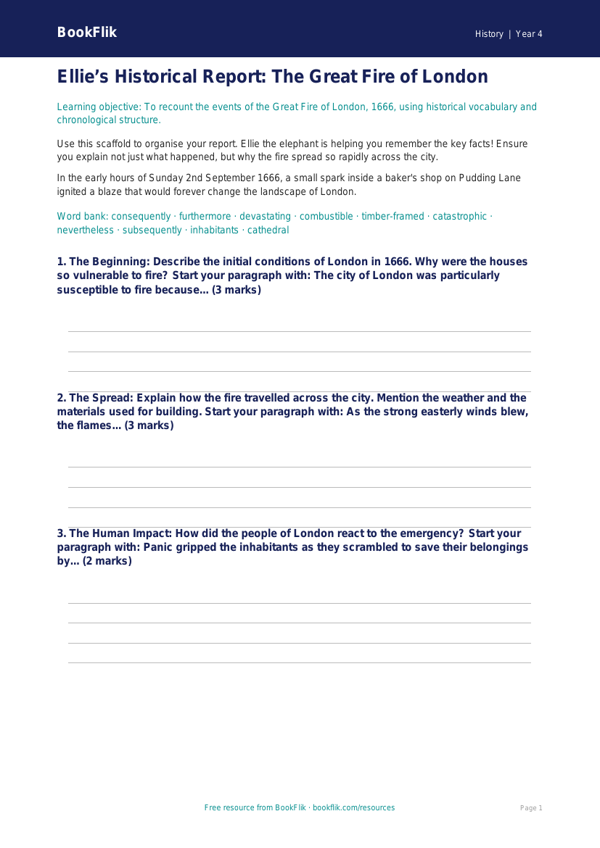 Free Great Fire Of London Writing Frame | Year 4 | History | BookFlik worksheet preview — History Great Fire Of London