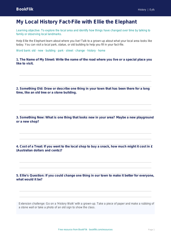 Free Local History Template | Foundation | History | BookFlik worksheet preview — History Local History
