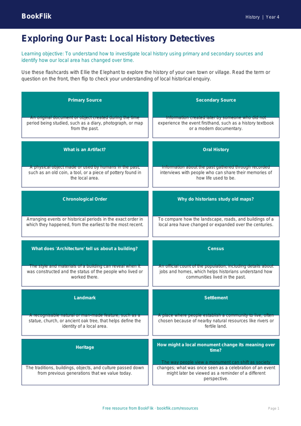 Free Local History Flashcards | Year 4 | History | BookFlik worksheet preview — History Local History