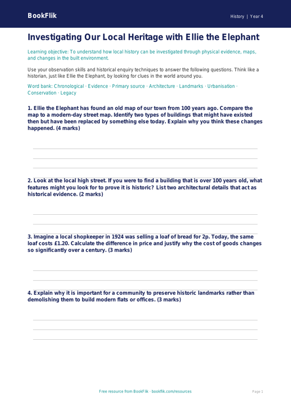 Free Local History Worksheet | Year 4 | History | BookFlik worksheet preview — History Local History