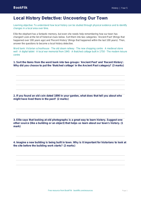 Free Local History Activity Sheet | Year 5 | History | BookFlik worksheet preview — History Local History