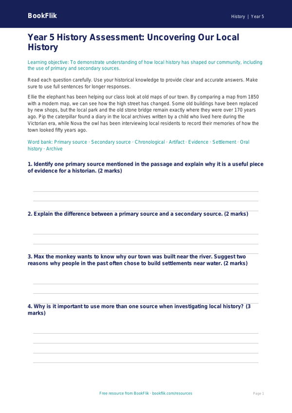Free Local History Assessment | Year 5 | History | BookFlik worksheet preview — History Local History