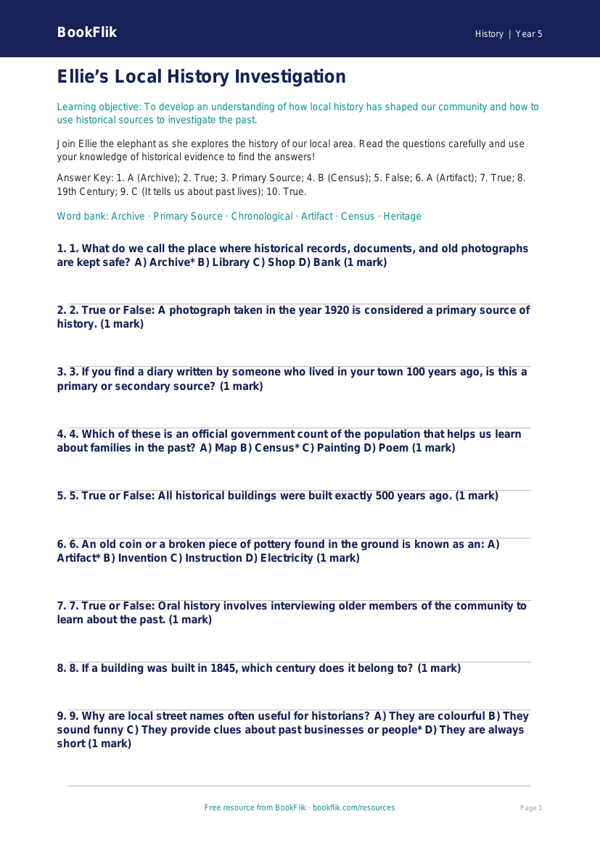 Free Local History Quiz | Year 5 | History | BookFlik worksheet preview — History Local History