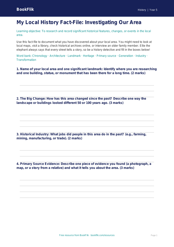 Free Local History Template | Year 5 | History | BookFlik worksheet preview — History Local History