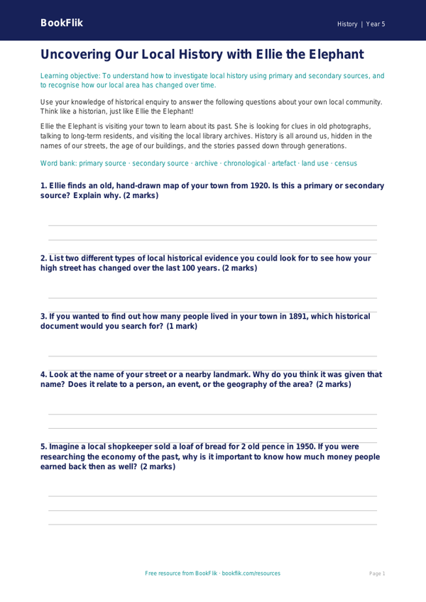 Free Local History Worksheet | Year 5 | History | BookFlik worksheet preview — History Local History