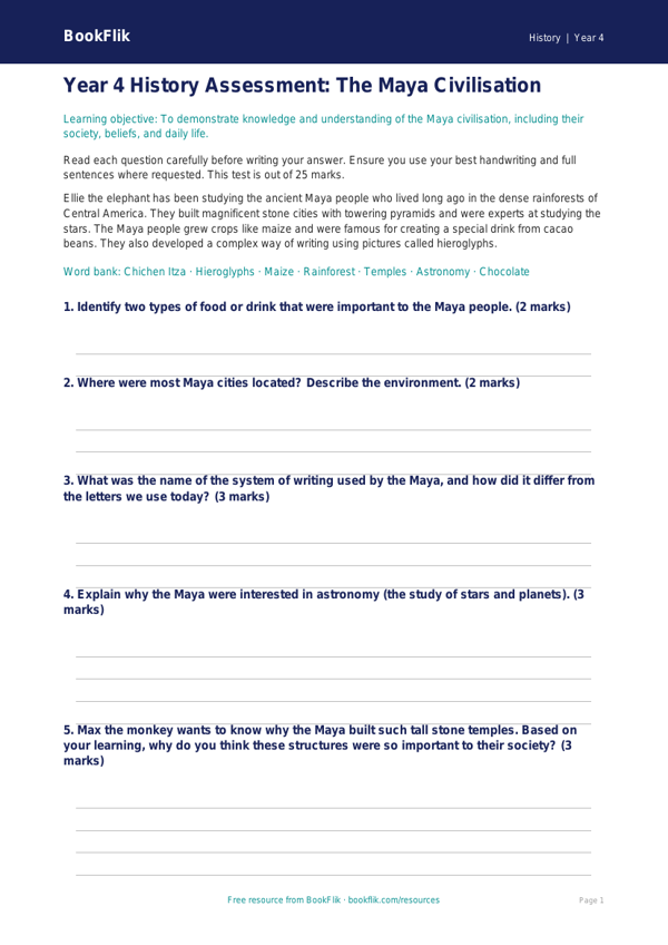 Free Maya Civilisation Assessment | Year 4 | History | BookFlik worksheet preview — History Maya Civilisation
