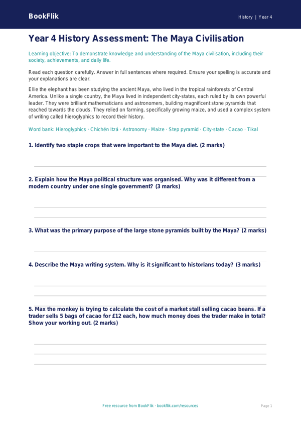 Free Maya Civilisation Assessment | Year 4 | History | BookFlik worksheet preview — History Maya Civilisation