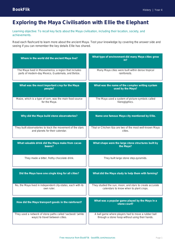 Free Maya Civilisation Flashcards | Year 4 | History | BookFlik worksheet preview — History Maya Civilisation