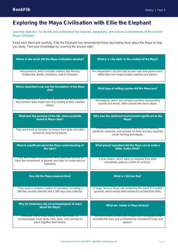 Free Maya Civilisation Flashcards | Year 4 | History | BookFlik worksheet preview — History Maya Civilisation
