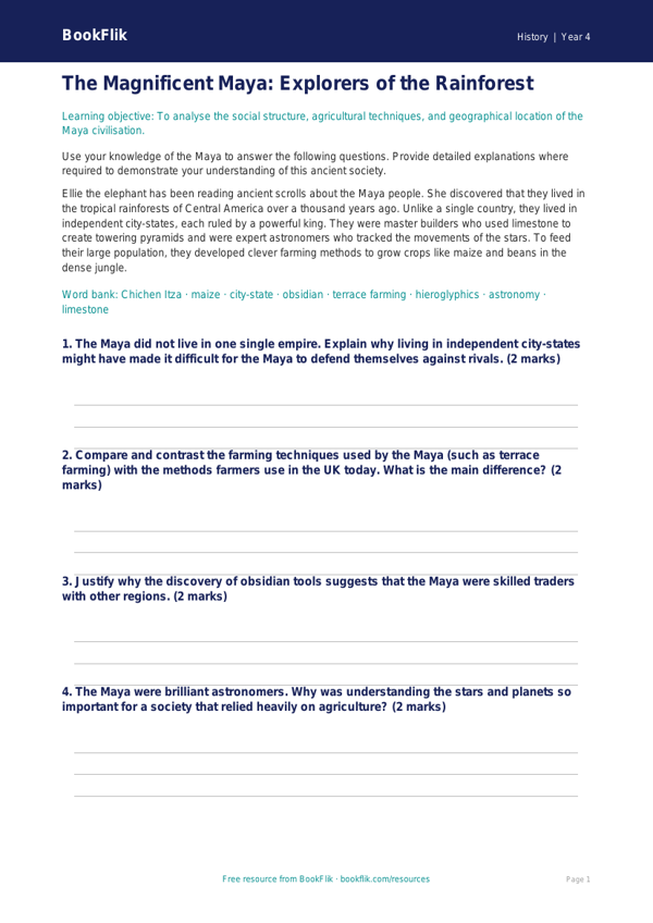 Free Maya Civilisation Worksheet | Year 4 | History | BookFlik worksheet preview — History Maya Civilisation