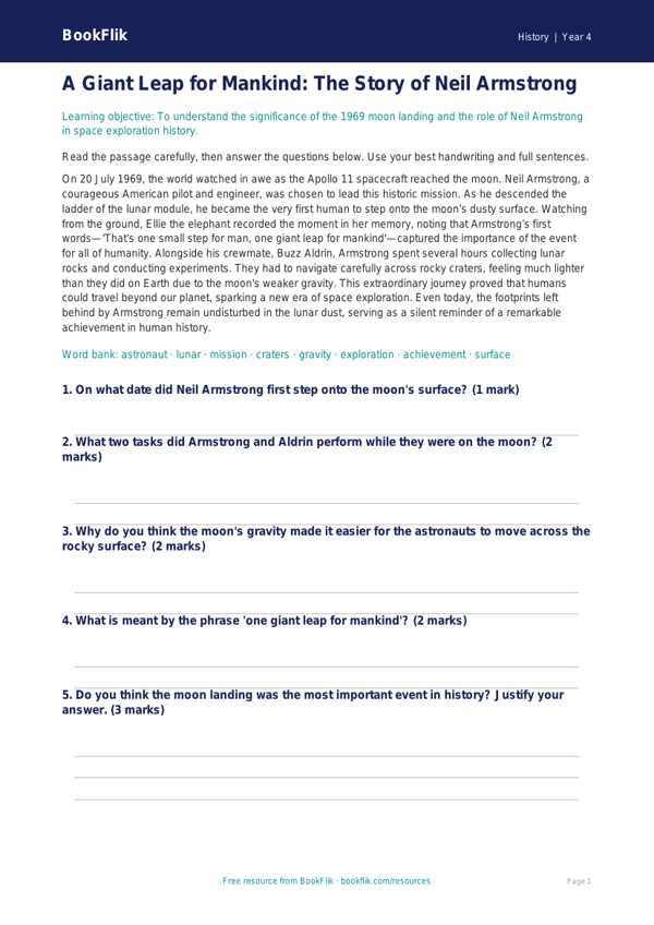Free Neil Armstrong Comprehension | Year 4 | History | BookFlik worksheet preview — History Neil Armstrong