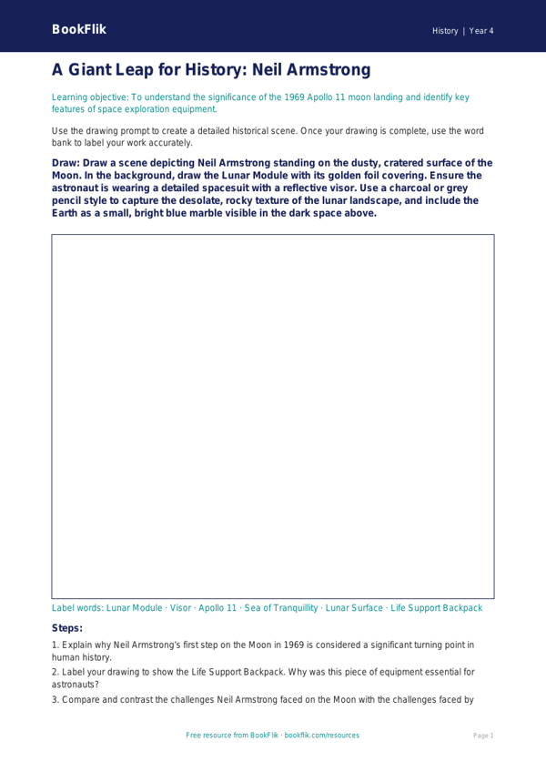 Free Neil Armstrong Drawing Sheet | Year 4 | History | BookFlik worksheet preview — History Neil Armstrong