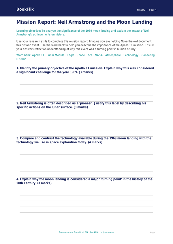 Free Neil Armstrong Template | Year 4 | History | BookFlik worksheet preview — History Neil Armstrong