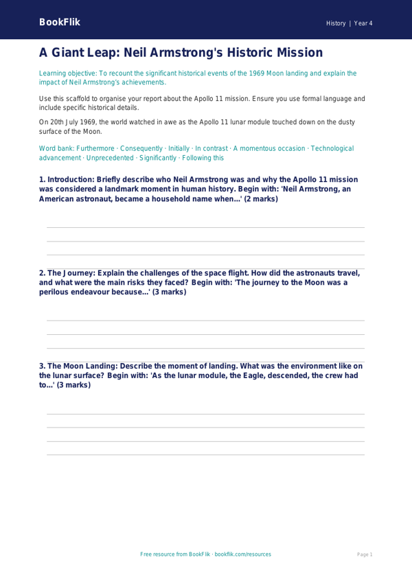 Free Neil Armstrong Writing Frame | Year 4 | History | BookFlik worksheet preview — History Neil Armstrong