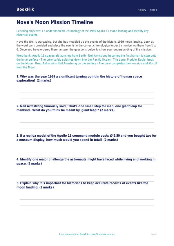 Free Neil Armstrong Activity Sheet | Year 5 | History | BookFlik worksheet preview — History Neil Armstrong