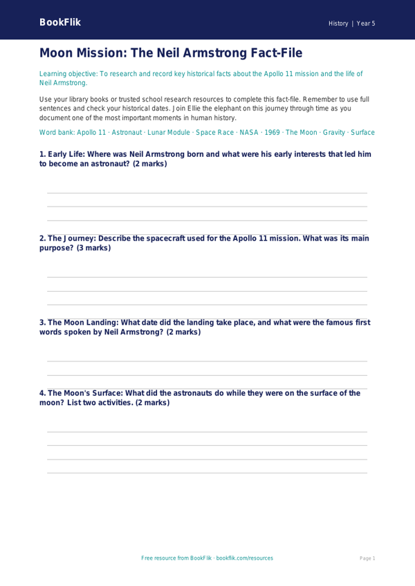 Neil Armstrong History Worksheet | Year 5 Australian Curriculum | BookFlik worksheet preview — History Neil Armstrong