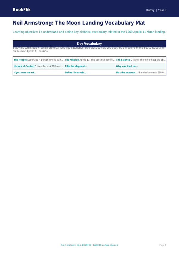 Free Neil Armstrong Word Mat | Year 5 | History | BookFlik worksheet preview — History Neil Armstrong