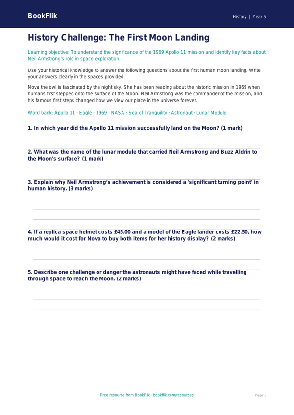 Free Neil Armstrong Worksheet | Year 5 | History | BookFlik worksheet preview — History Neil Armstrong