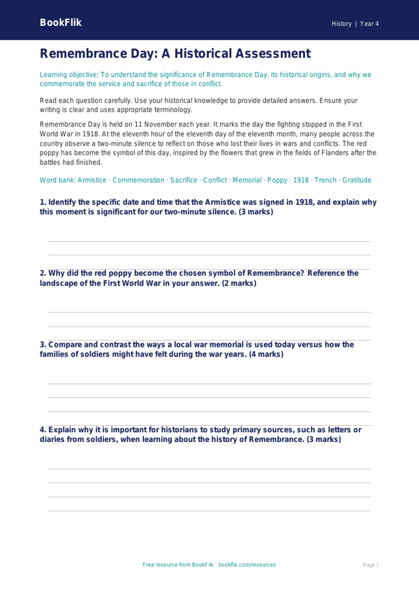 Free Remembrance Day Assessment | Year 4 | History | BookFlik worksheet preview — History Remembrance Day
