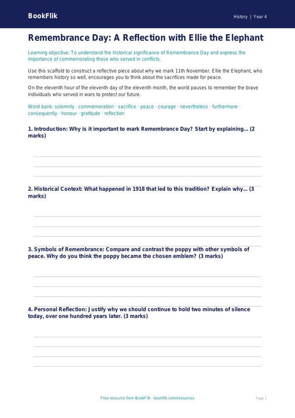 Free Remembrance Day Writing Frame | Year 4 | History | BookFlik worksheet preview — History Remembrance Day
