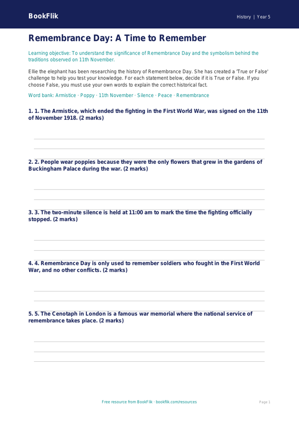 Free Remembrance Day Activity Sheet | Year 5 | History | BookFlik worksheet preview — History Remembrance Day