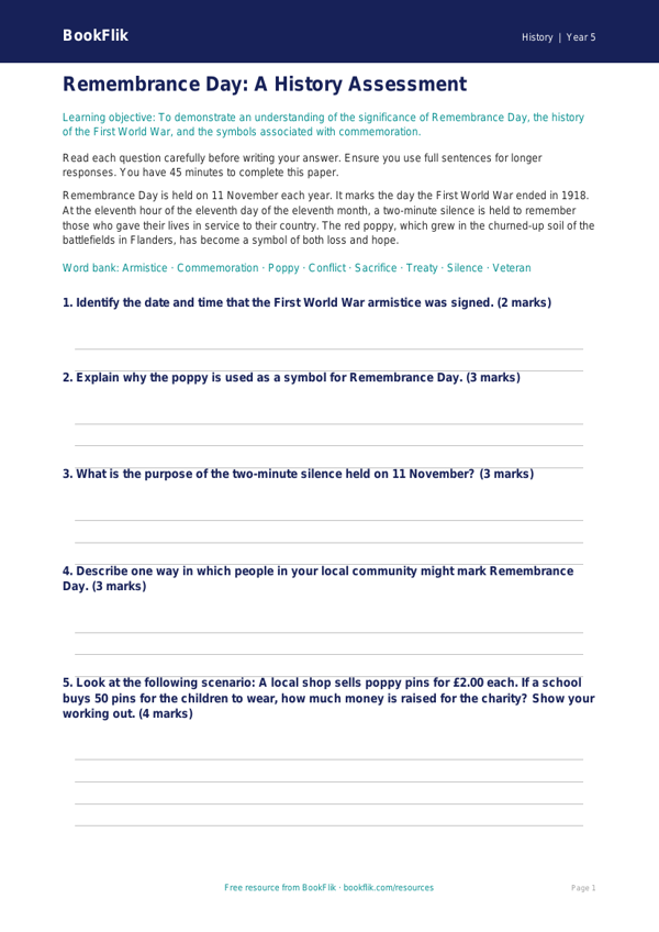 Free Remembrance Day Assessment | Year 5 | History | BookFlik worksheet preview — History Remembrance Day