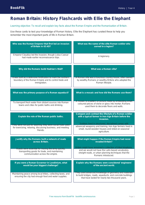 Free Romans Flashcards | Year 4 | History | BookFlik worksheet preview — History Romans