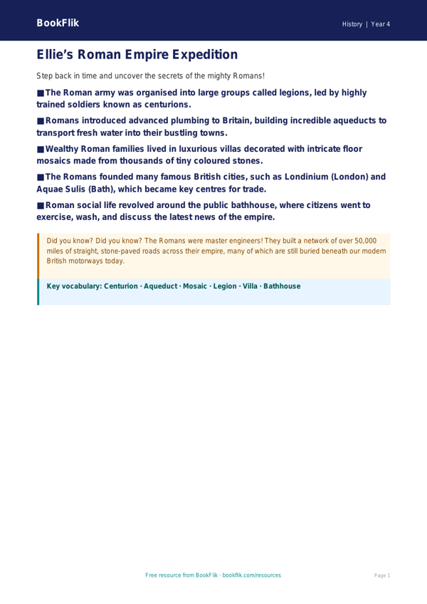 Free Romans Poster | Year 4 | History | BookFlik worksheet preview — History Romans