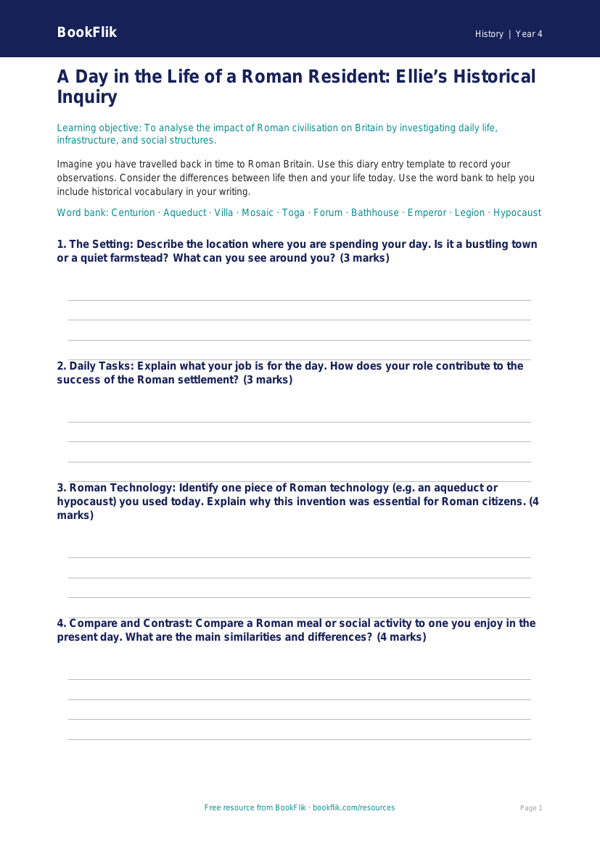 Free Romans Template | Year 4 | History | BookFlik worksheet preview — History Romans