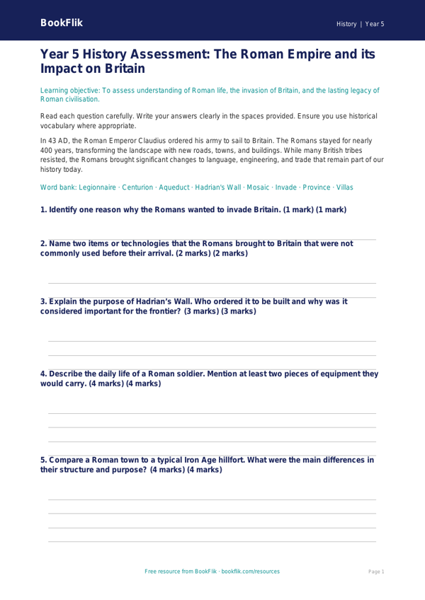 Free Romans Assessment | Year 5 | History | BookFlik worksheet preview — History Romans