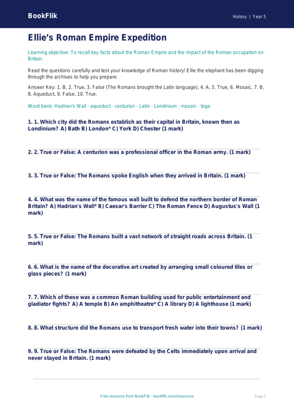 Free Romans Quiz | Year 5 | History | BookFlik worksheet preview — History Romans