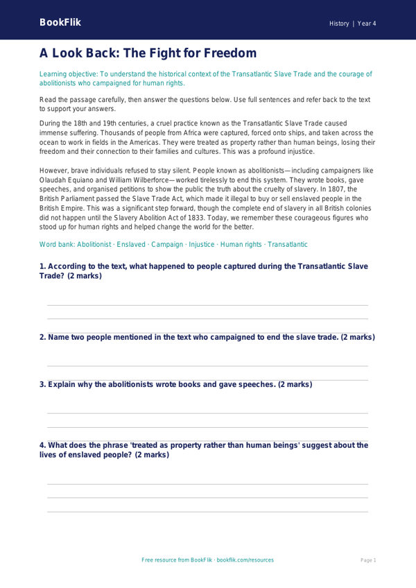 Free Slavery Comprehension | Year 4 | History | BookFlik worksheet preview — History Slavery