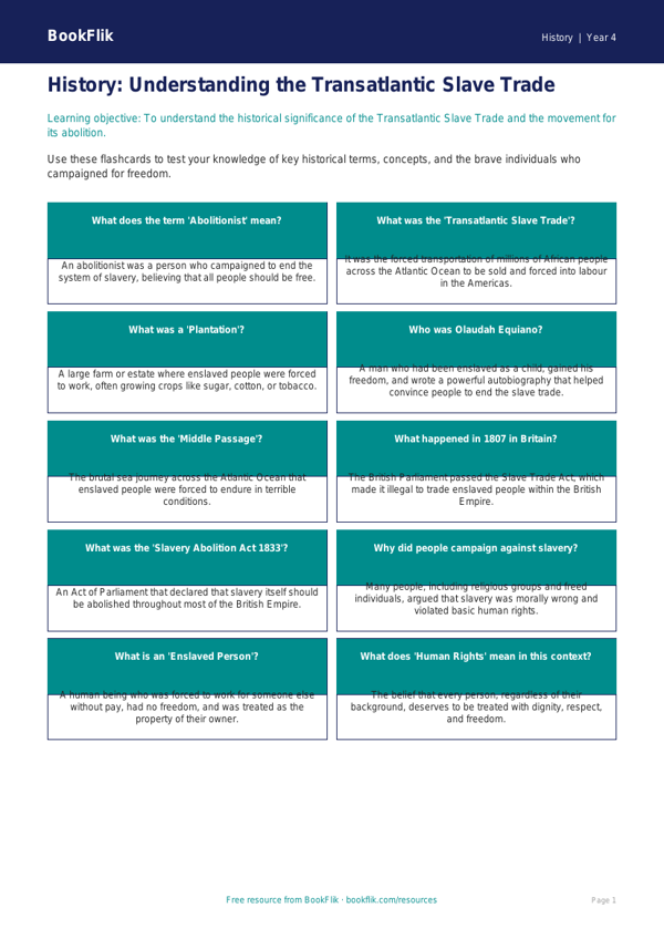 Free Slavery Flashcards | Year 4 | History | BookFlik worksheet preview — History Slavery