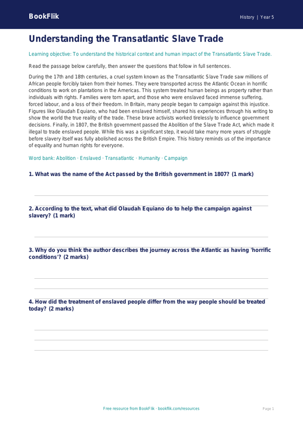Free Slavery Comprehension | Year 5 | History | BookFlik worksheet preview — History Slavery