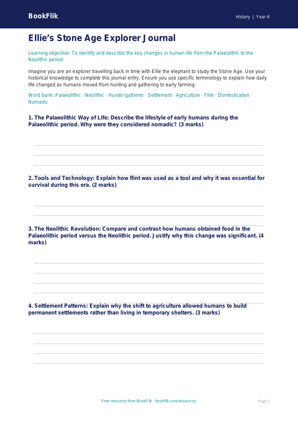 Free Stone Age Template | Year 4 | History | BookFlik worksheet preview — History Stone Age