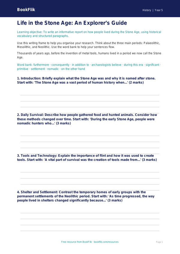 Free Stone Age Writing Frame | Year 5 | History | BookFlik worksheet preview — History Stone Age
