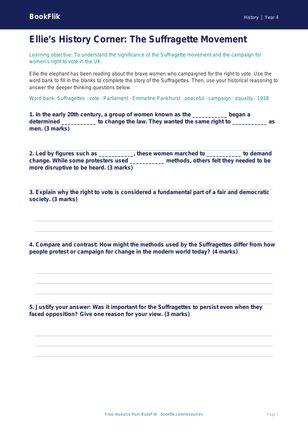 History suffragettes activity sheet year 4 greater depth worksheet preview — History Suffragettes