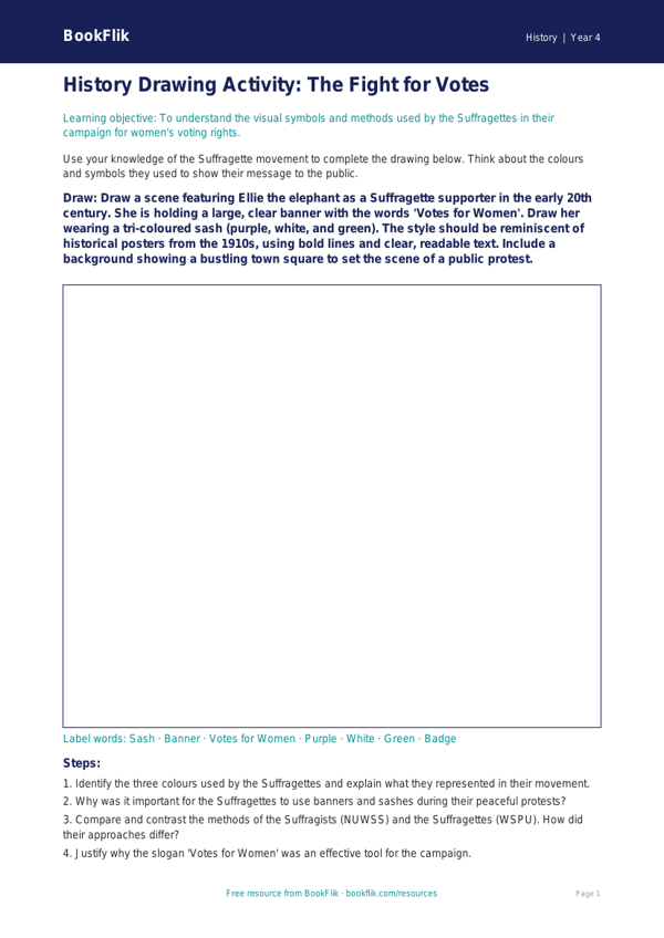 Free Suffragettes Drawing Sheet | Year 4 | History | BookFlik worksheet preview — History Suffragettes