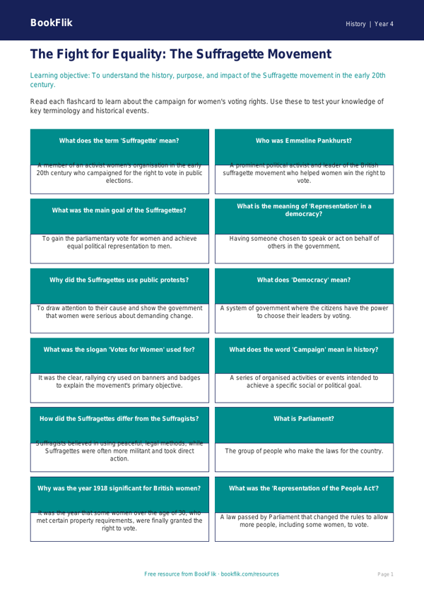 Free Suffragettes Flashcards | Year 4 | History | BookFlik worksheet preview — History Suffragettes