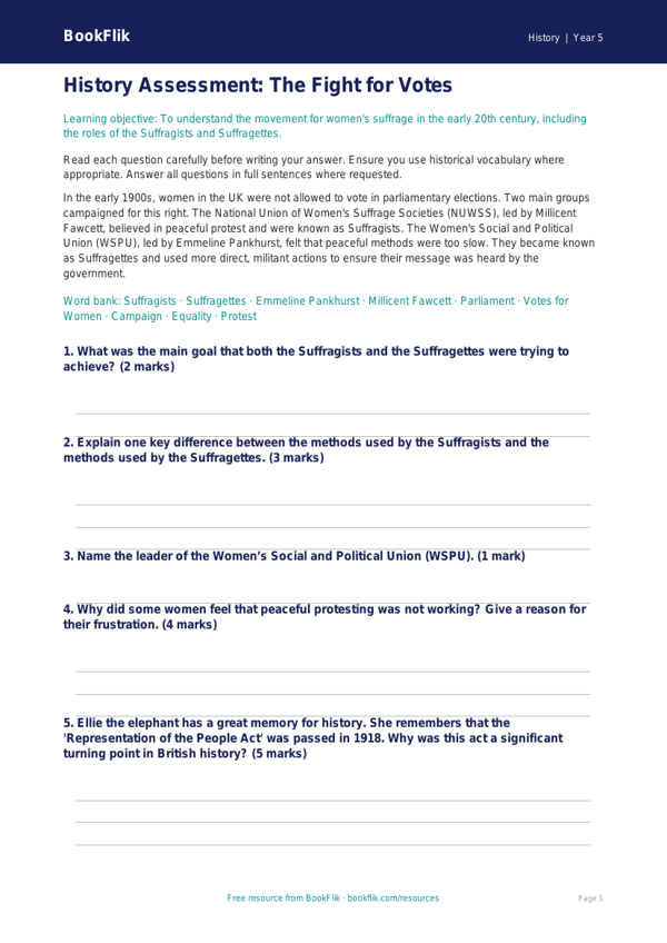 Free Suffragettes Assessment | Year 5 | History | BookFlik worksheet preview — History Suffragettes
