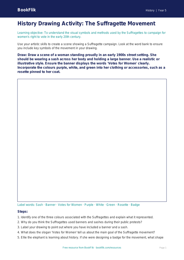 Free Suffragettes Drawing Sheet | Year 5 | History | BookFlik worksheet preview — History Suffragettes